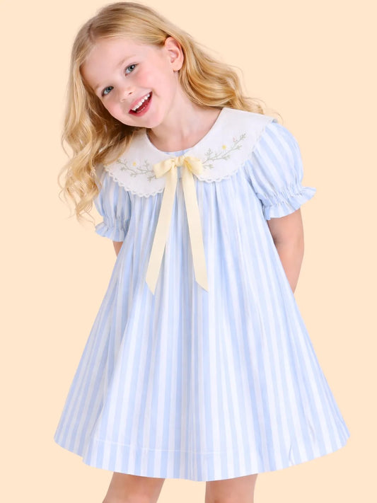 Girls Blue Striped Dress with Embroidered Collar | Cute Bow Casual Dress for Kids (2-6 Years)