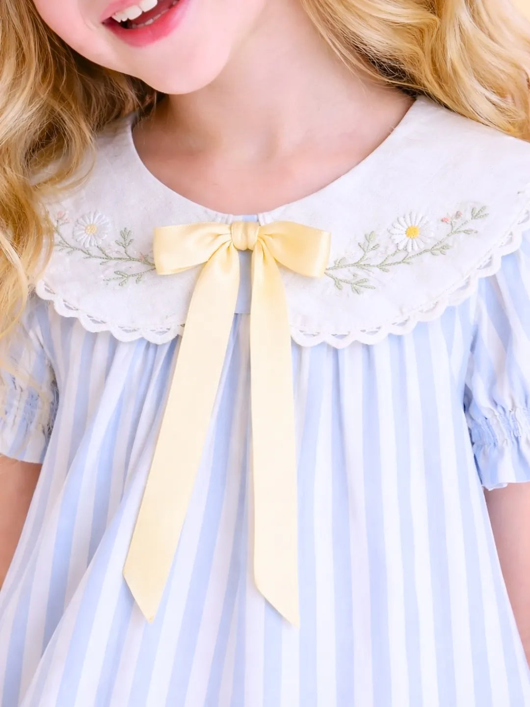 Girls Blue Striped Dress with Embroidered Collar | Cute Bow Casual Dress for Kids (2-6 Years)