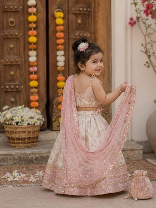 Baby Girls Ivory & Pink Floral Printed Lehenga Choli with Net Dupatta & Potli Bag | Designer Party Wear Ethnic Set | Festive Wedding Outfit (1–8 Years)