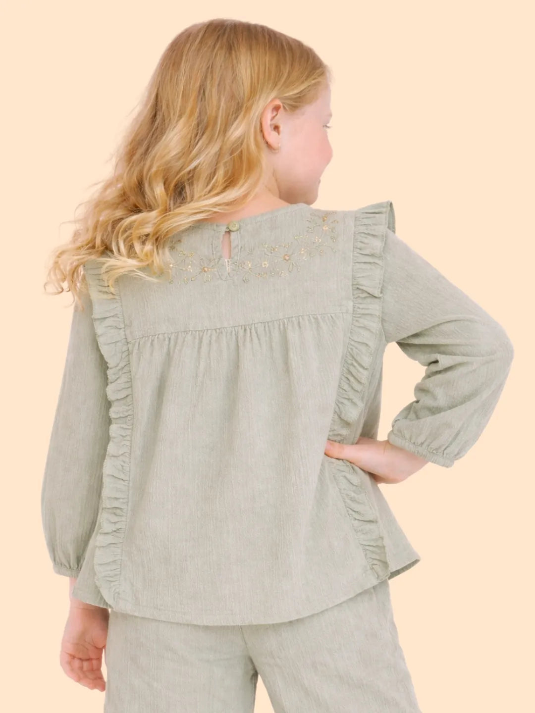 Girls Olive Green Ruffle Co-ord Set | Embroidered Top & Flared Pants Outfit (2-6 Years)