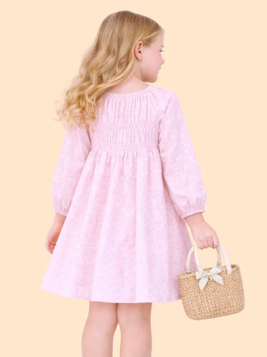 Girls Soft Pink Smocked Dress with Puff Sleeves | Elegant Party Wear Dress (2-6 Years)
