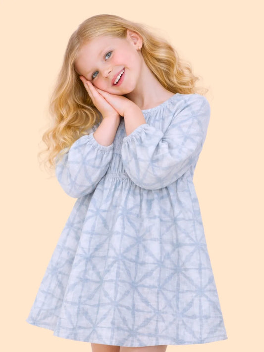 Girls Sky Blue Printed Smocked Dress | Soft Cotton Casual & Party Wear Dress (2-6 Years)
