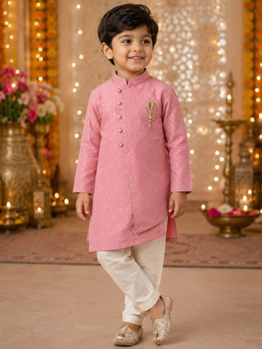Boys Pink Asymmetric Kurta Pajama Set | Designer Ethnic Party Wear for Kids | Festive Wedding Traditional Outfit (1–8 Years)