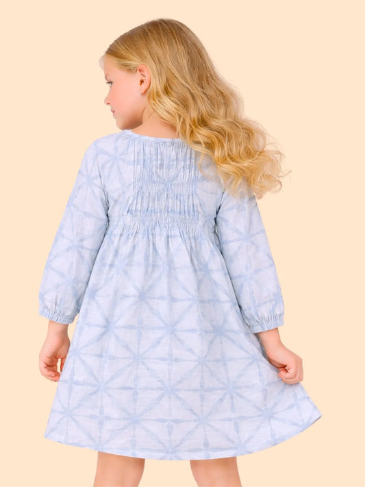 Girls Sky Blue Printed Smocked Dress | Soft Cotton Casual & Party Wear Dress (2-6 Years)