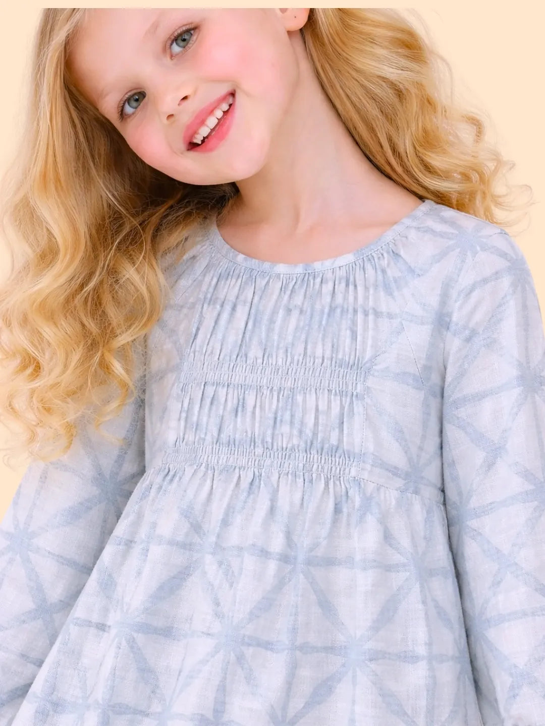Girls Sky Blue Printed Smocked Dress | Soft Cotton Casual & Party Wear Dress (2-6 Years)