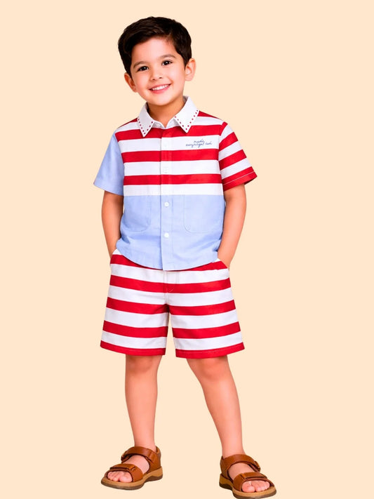 Boys Red & White Striped Co-ord Set | Half Sleeve Shirt & Shorts Summer Outfit (2-6 Years)