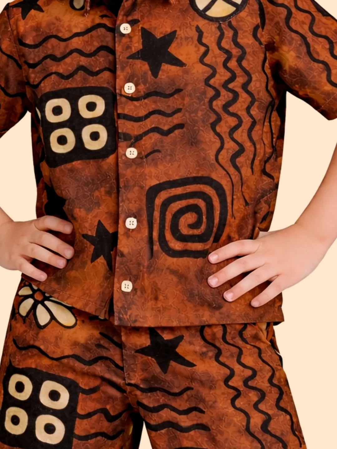 Boys Brown Abstract Printed Co-ord Set | Half Sleeve Shirt & Shorts Stylish Outfit (2-6 Years)