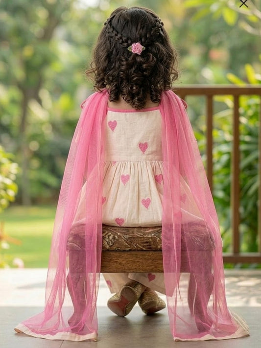 Girls Cream & Pink Heart Print Kurta Set | Palazzo & Dupatta