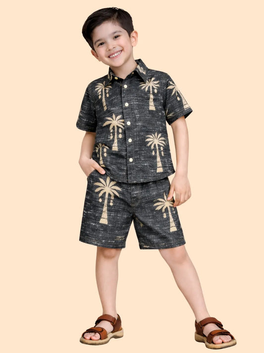 Boys Black Palm Print Co-ord Set | Half Sleeve Shirt & Shorts Summer Outfit (2-6 Years)