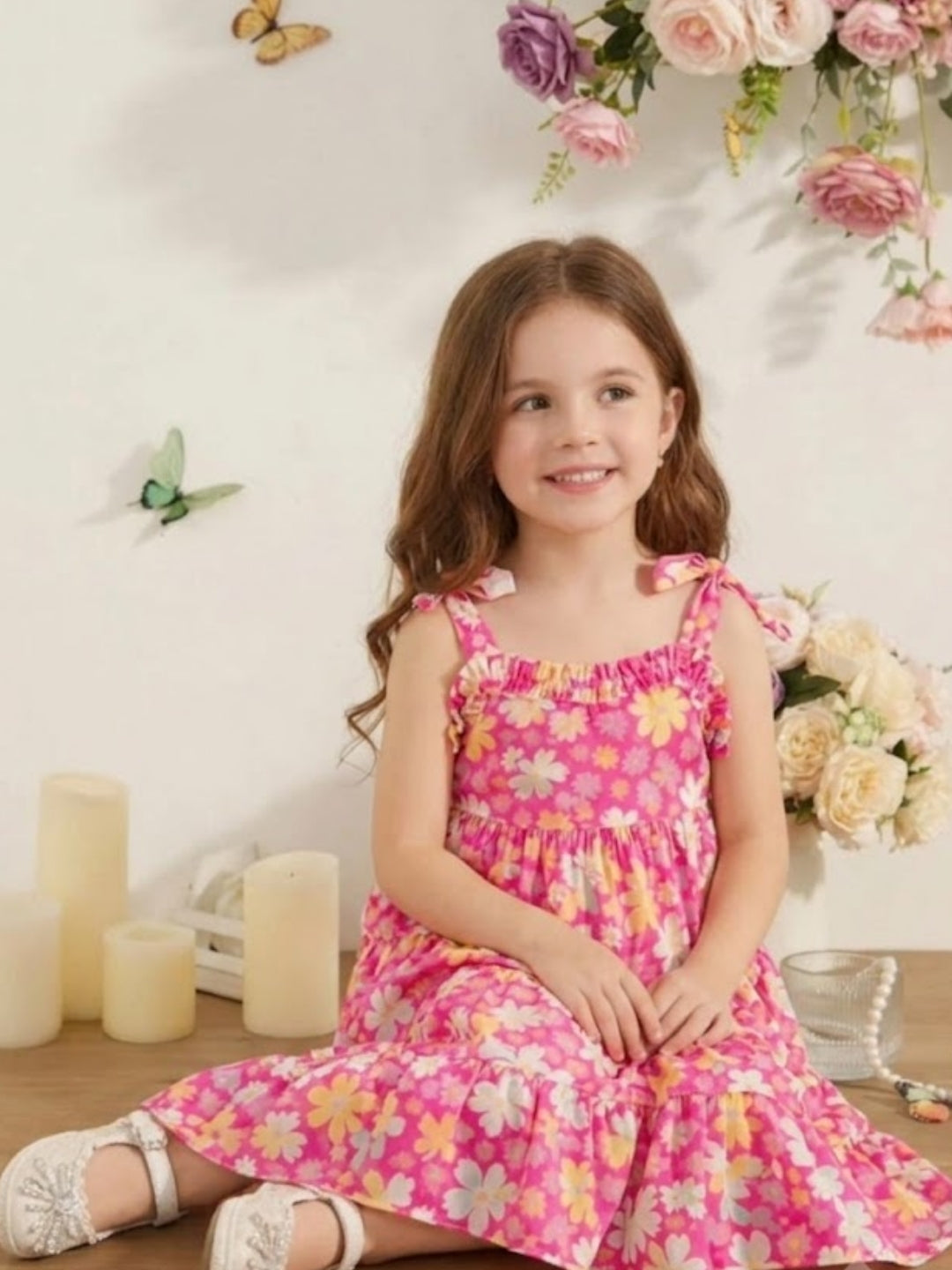 Girls Pink Floral Printed Tiered Maxi Dress | Sleeveless Summer Casual Party Dress for Kids (1–8 Years)