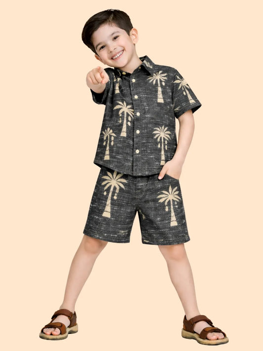 Boys Black Palm Print Co-ord Set | Half Sleeve Shirt & Shorts Summer Outfit (2-6 Years)
