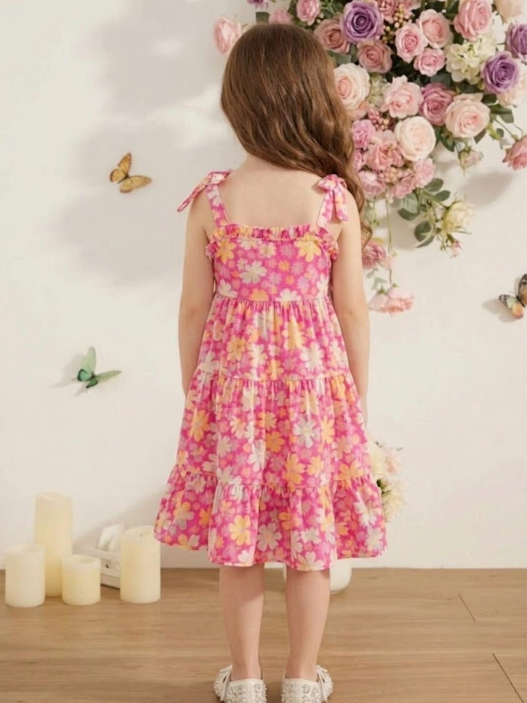 Girls Pink Floral Printed Tiered Maxi Dress | Sleeveless Summer Casual Party Dress for Kids (1–8 Years)