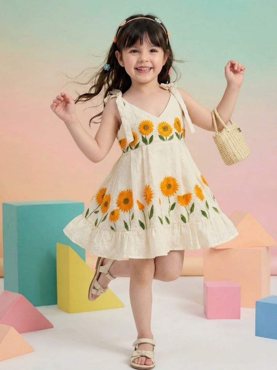 Girls Cream Sunflower Printed A-Line Dress | Sleeveless Cotton Summer Casual Party Dress for Kids (1–8 Years)