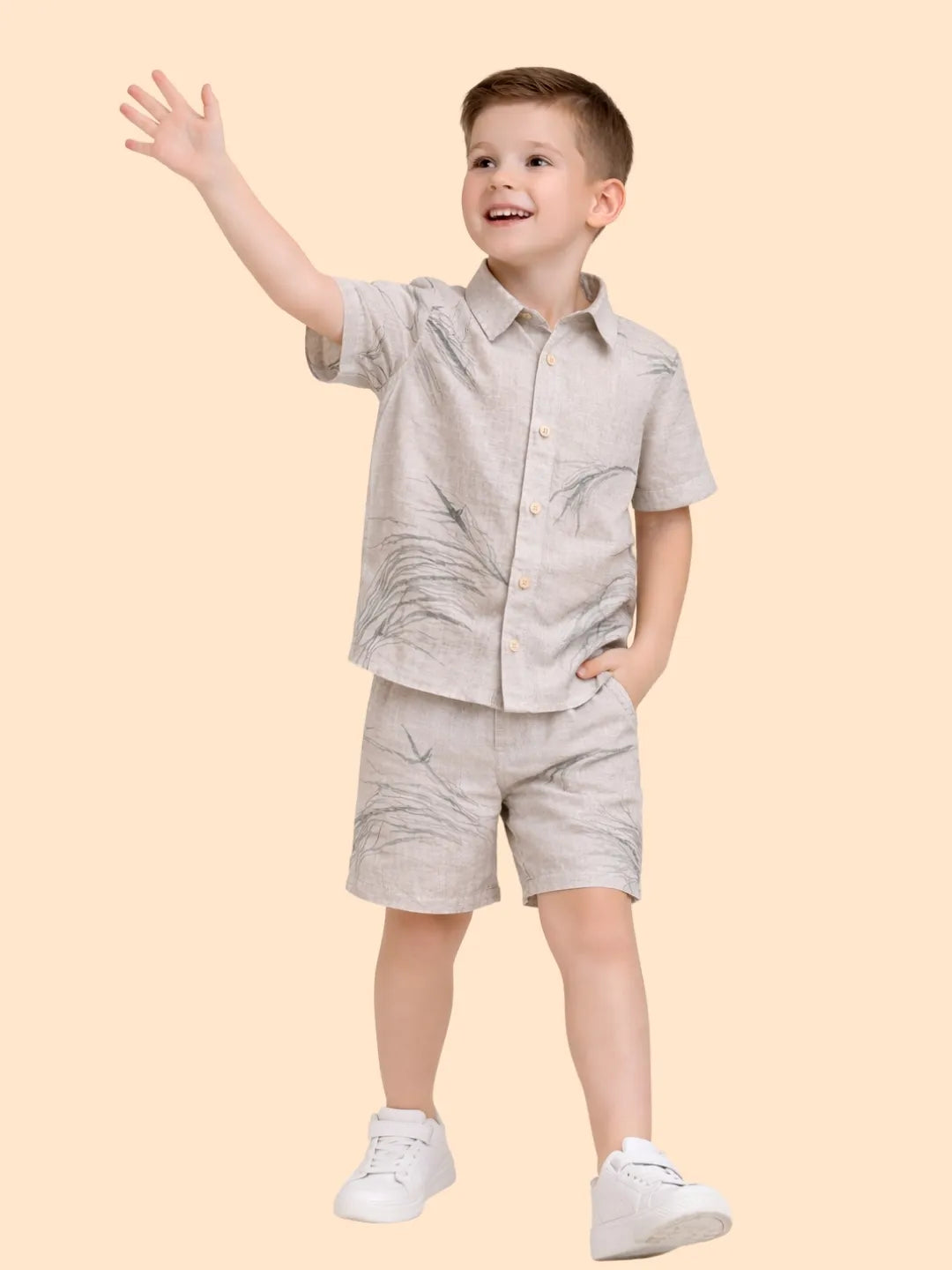Boys Beige Printed Co-ord Set | Half Sleeve Shirt & Shorts Minimal Summer Outfit (2-6 Years)