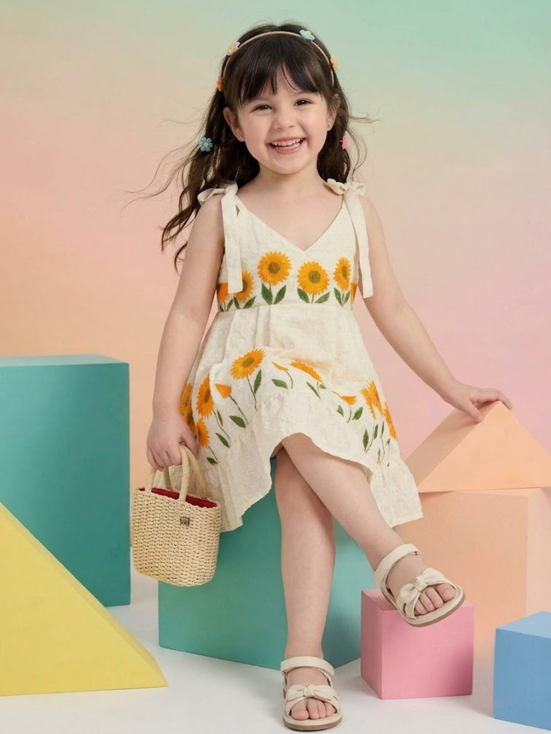 Girls Cream Sunflower Printed A-Line Dress | Sleeveless Cotton Summer Casual Party Dress for Kids (1–8 Years)