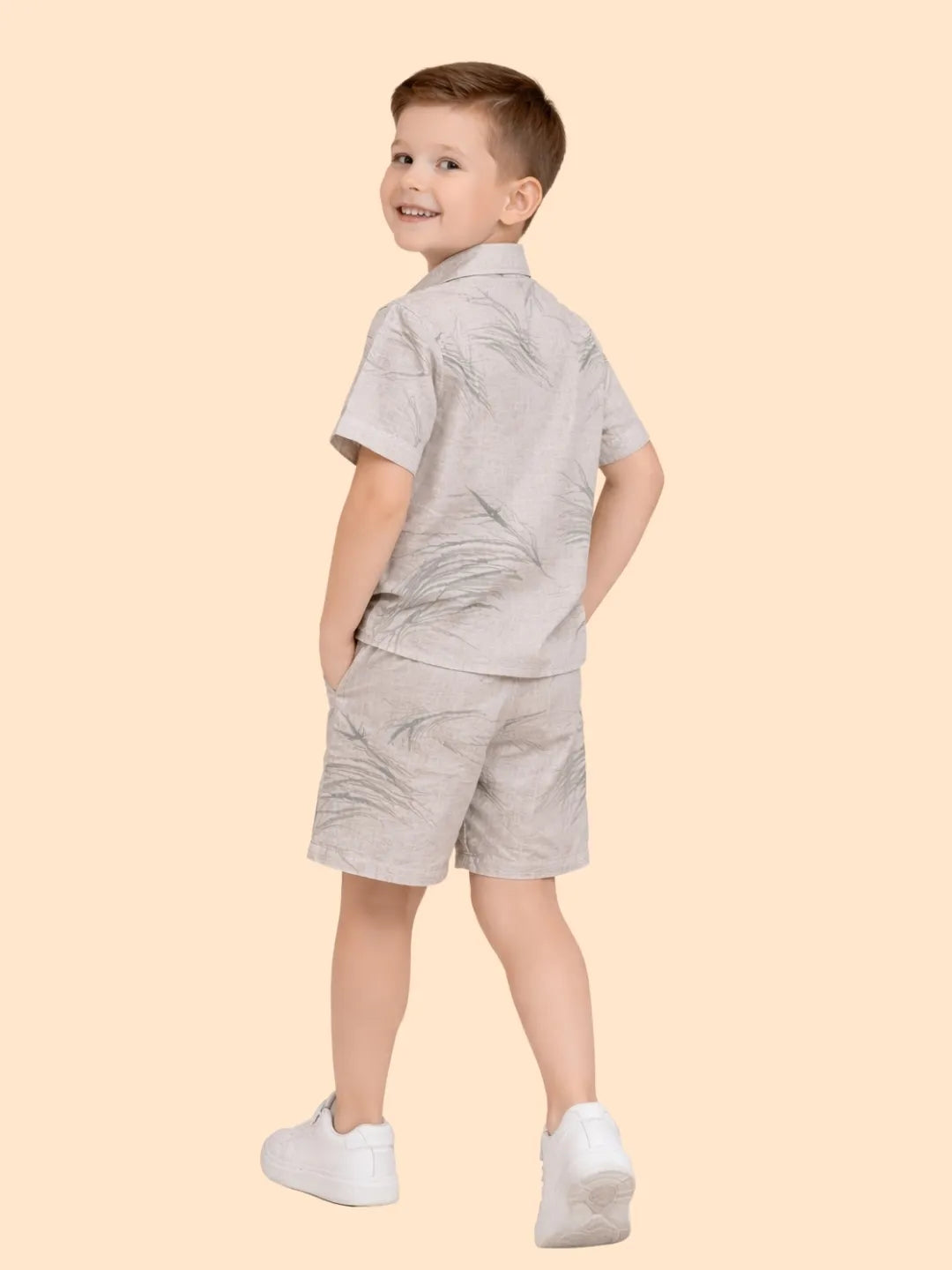 Boys Beige Printed Co-ord Set | Half Sleeve Shirt & Shorts Minimal Summer Outfit (2-6 Years)