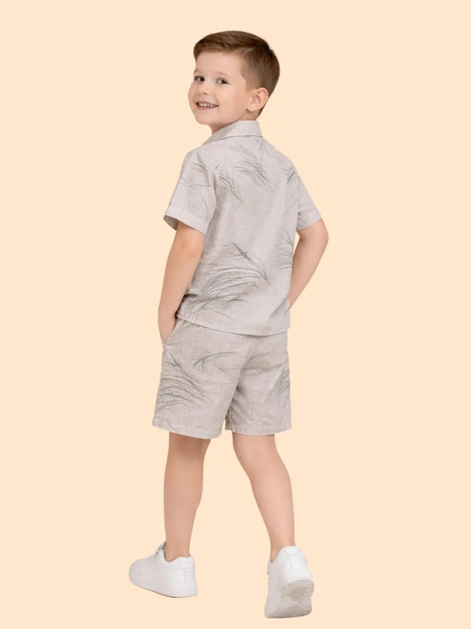 Boys Beige Printed Co-ord Set | Half Sleeve Shirt & Shorts Minimal Summer Outfit (2-6 Years)