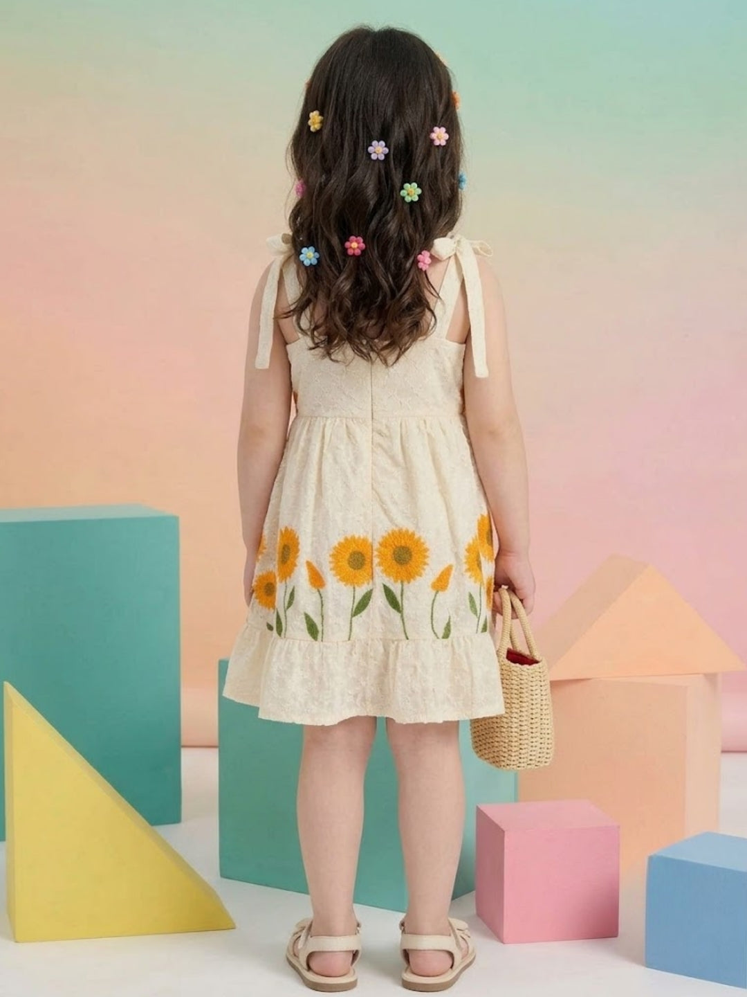Girls Cream Sunflower Printed A-Line Dress | Sleeveless Cotton Summer Casual Party Dress for Kids (1–8 Years)