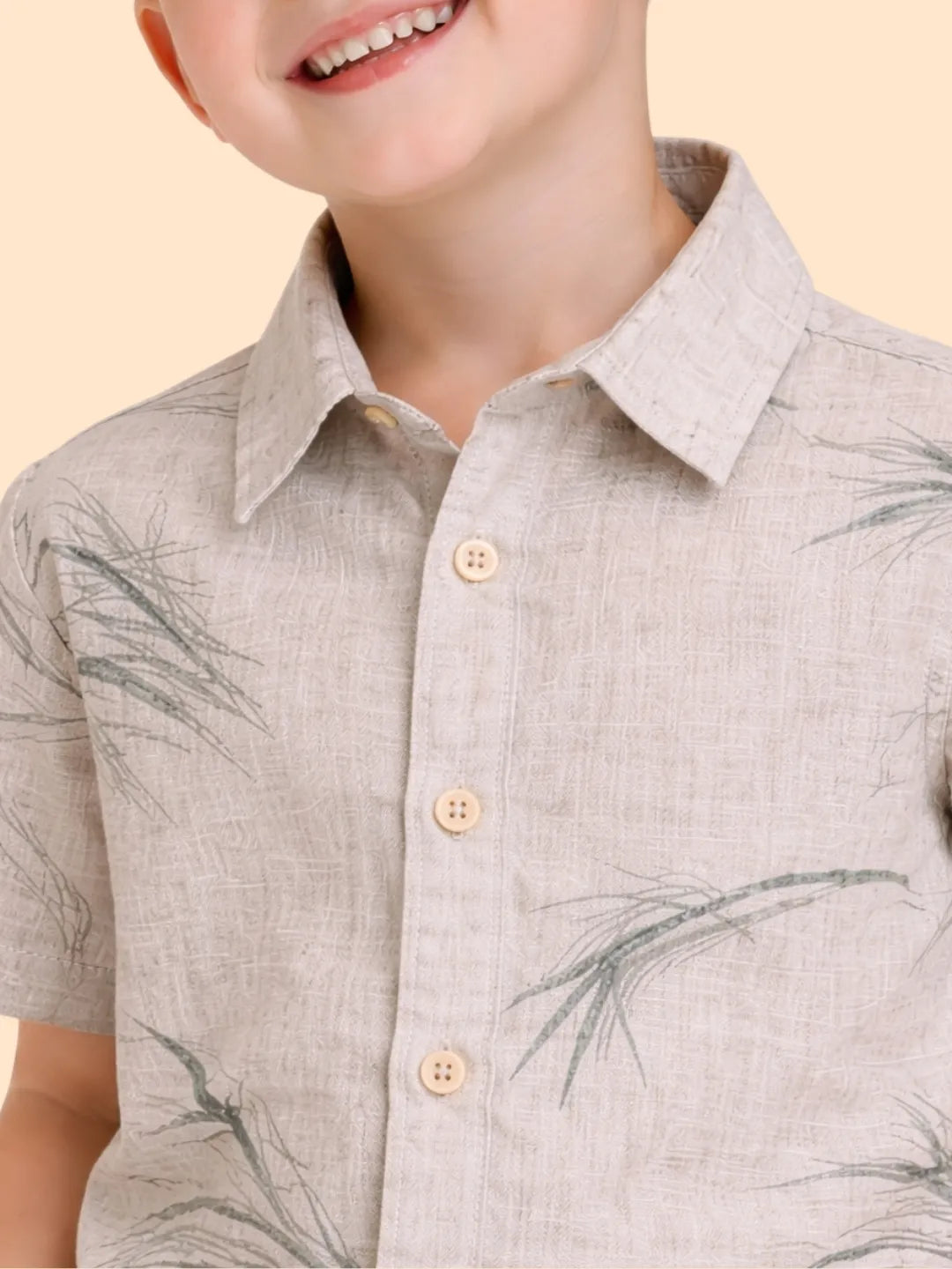 Boys Beige Printed Co-ord Set | Half Sleeve Shirt & Shorts Minimal Summer Outfit (2-6 Years)