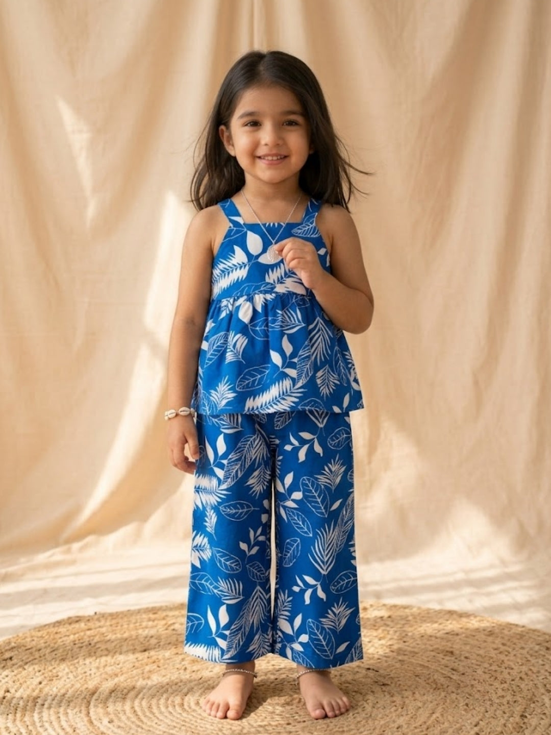 Girls Blue Tropical Leaf Print Co-Ord Set | Sleeveless Top & Wide Leg Palazzo Pants | Casual Summer Outfit for Kids (1–8 Years)