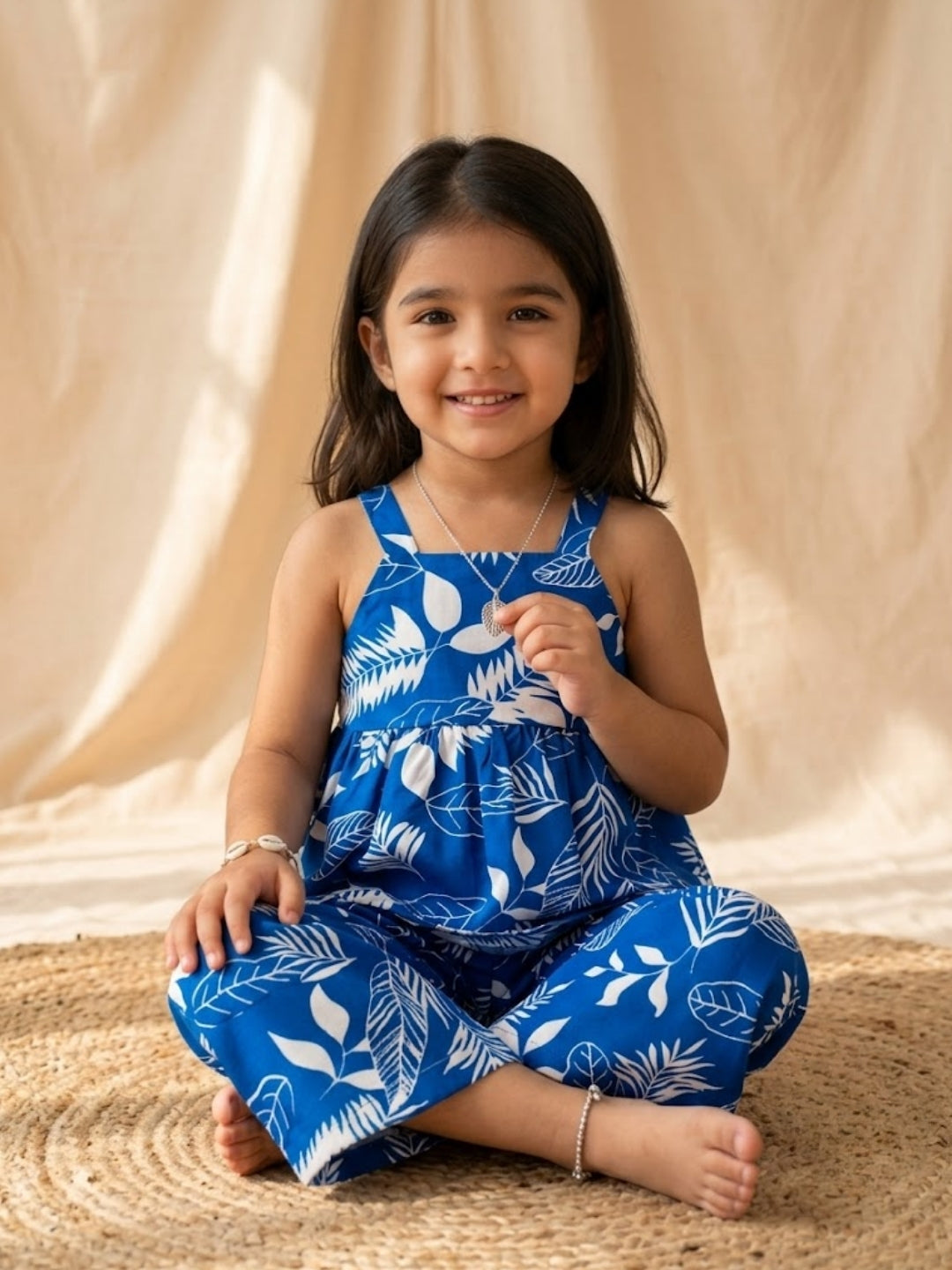 Girls Blue Tropical Leaf Print Co-Ord Set | Sleeveless Top & Wide Leg Palazzo Pants | Casual Summer Outfit for Kids (1–8 Years)