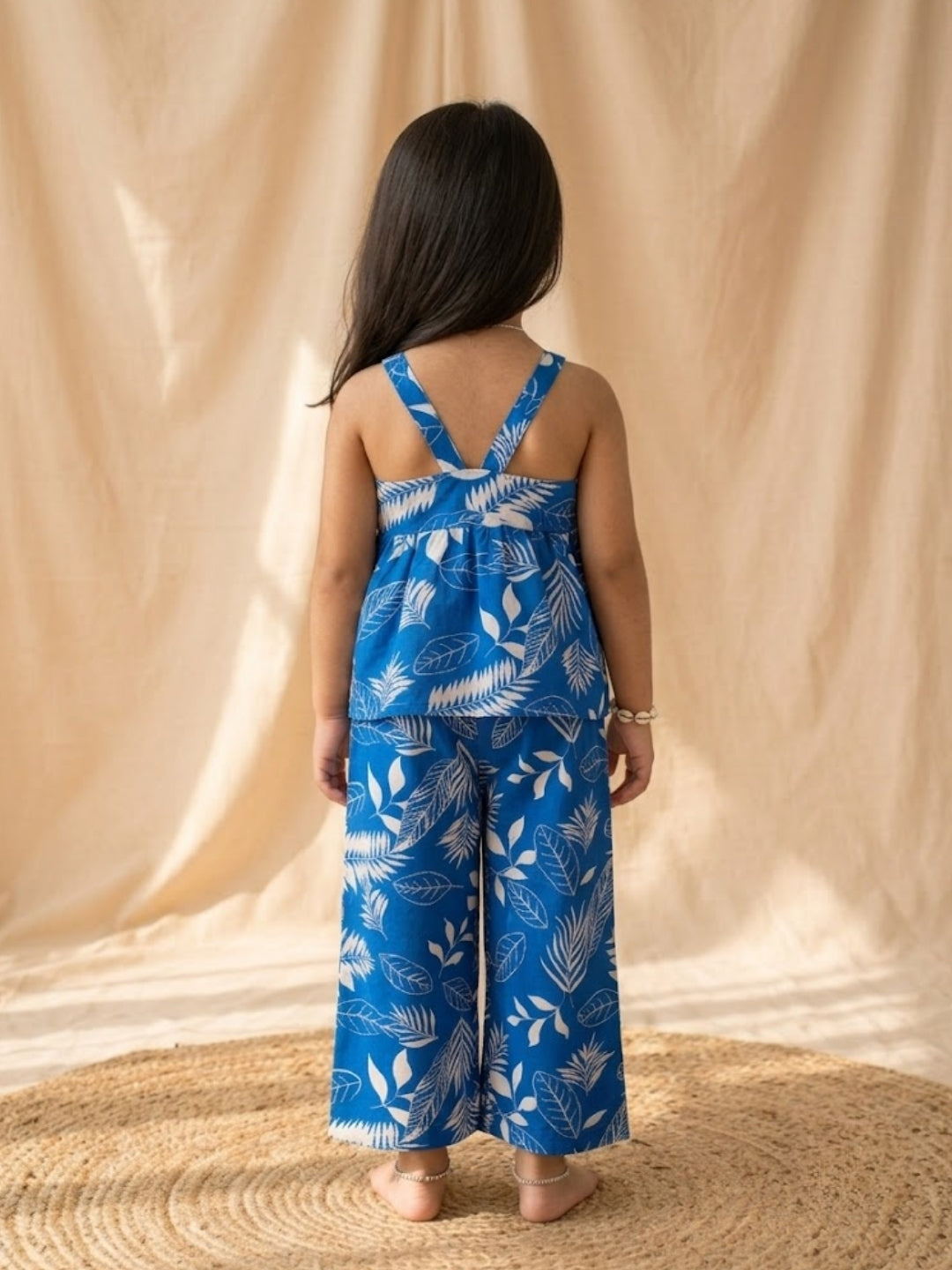 Girls Blue Tropical Leaf Print Co-Ord Set | Sleeveless Top & Wide Leg Palazzo Pants | Casual Summer Outfit for Kids (1–8 Years)
