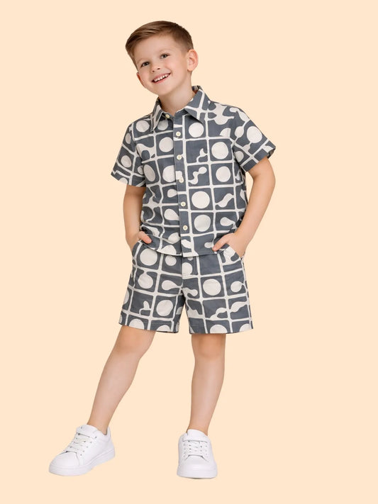 Boys Grey Printed Co-ord Set | Geometric Shirt & Shorts Summer Outfit (2-6 Years)