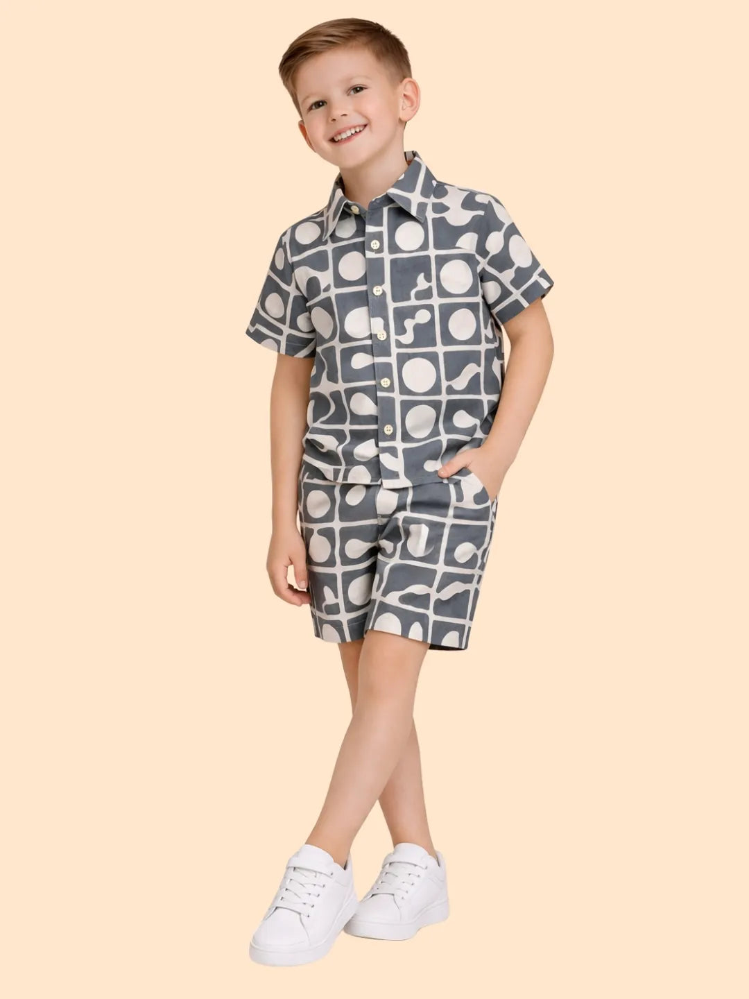 Boys Grey Printed Co-ord Set | Geometric Shirt & Shorts Summer Outfit (2-6 Years)