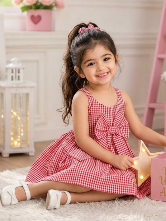 Girls Red & White Gingham Bow Dress | Sleeveless Cotton Fit & Flare Party Dress for Kids (1–8 Years)
