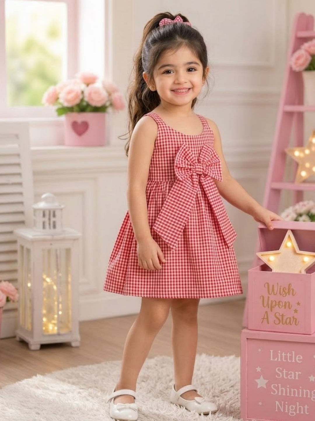 Girls Red & White Gingham Bow Dress | Sleeveless Cotton Fit & Flare Party Dress for Kids (1–8 Years)