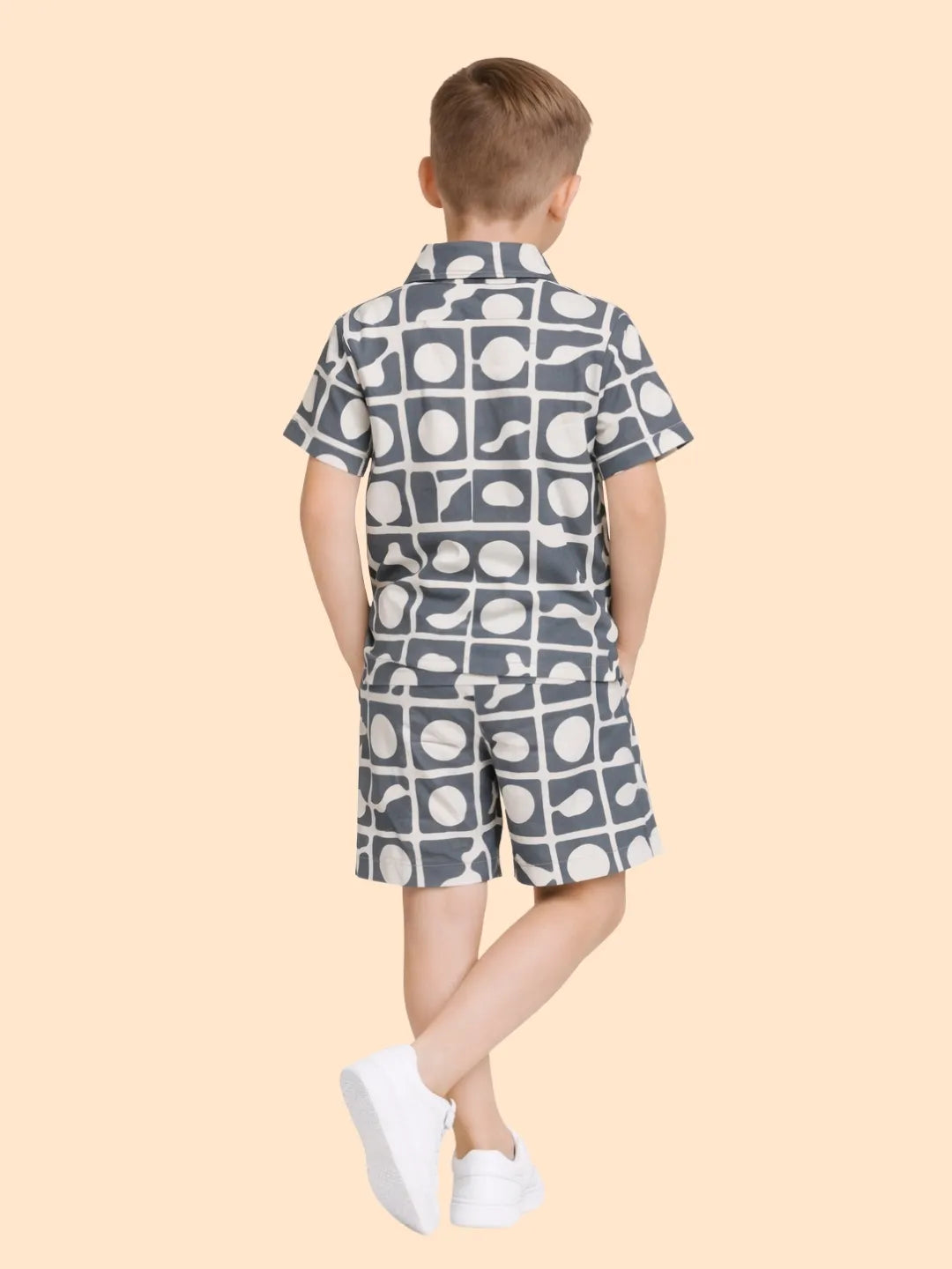 Boys Grey Printed Co-ord Set | Geometric Shirt & Shorts Summer Outfit (2-6 Years)