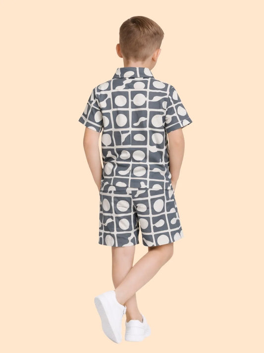 Boys Grey Printed Co-ord Set | Geometric Shirt & Shorts Summer Outfit (2-6 Years)