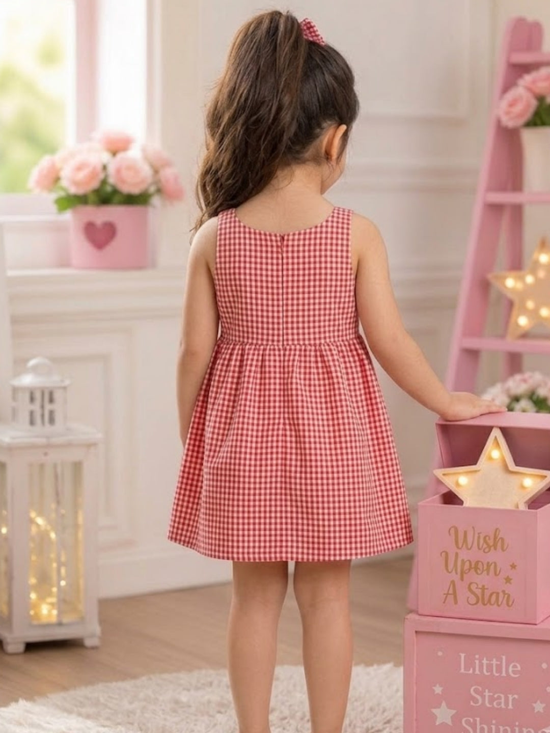 Girls Red & White Gingham Bow Dress | Sleeveless Cotton Fit & Flare Party Dress for Kids (1–8 Years)