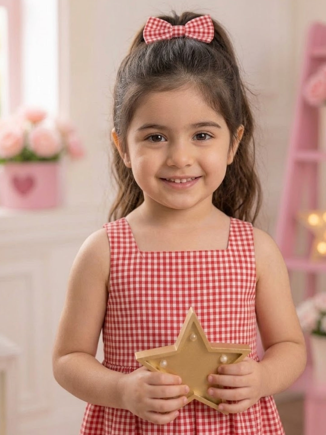 Girls Red & White Gingham Bow Dress | Sleeveless Cotton Fit & Flare Party Dress for Kids (1–8 Years)