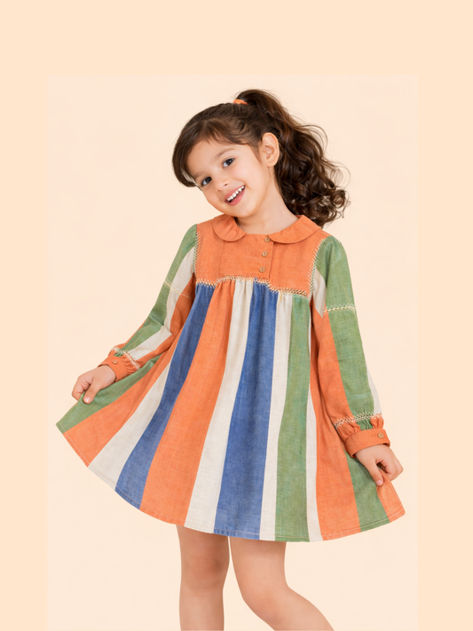 Girls Multicolor Striped Dress | Long Sleeve Cotton Casual Party Dress (2-6 Years)