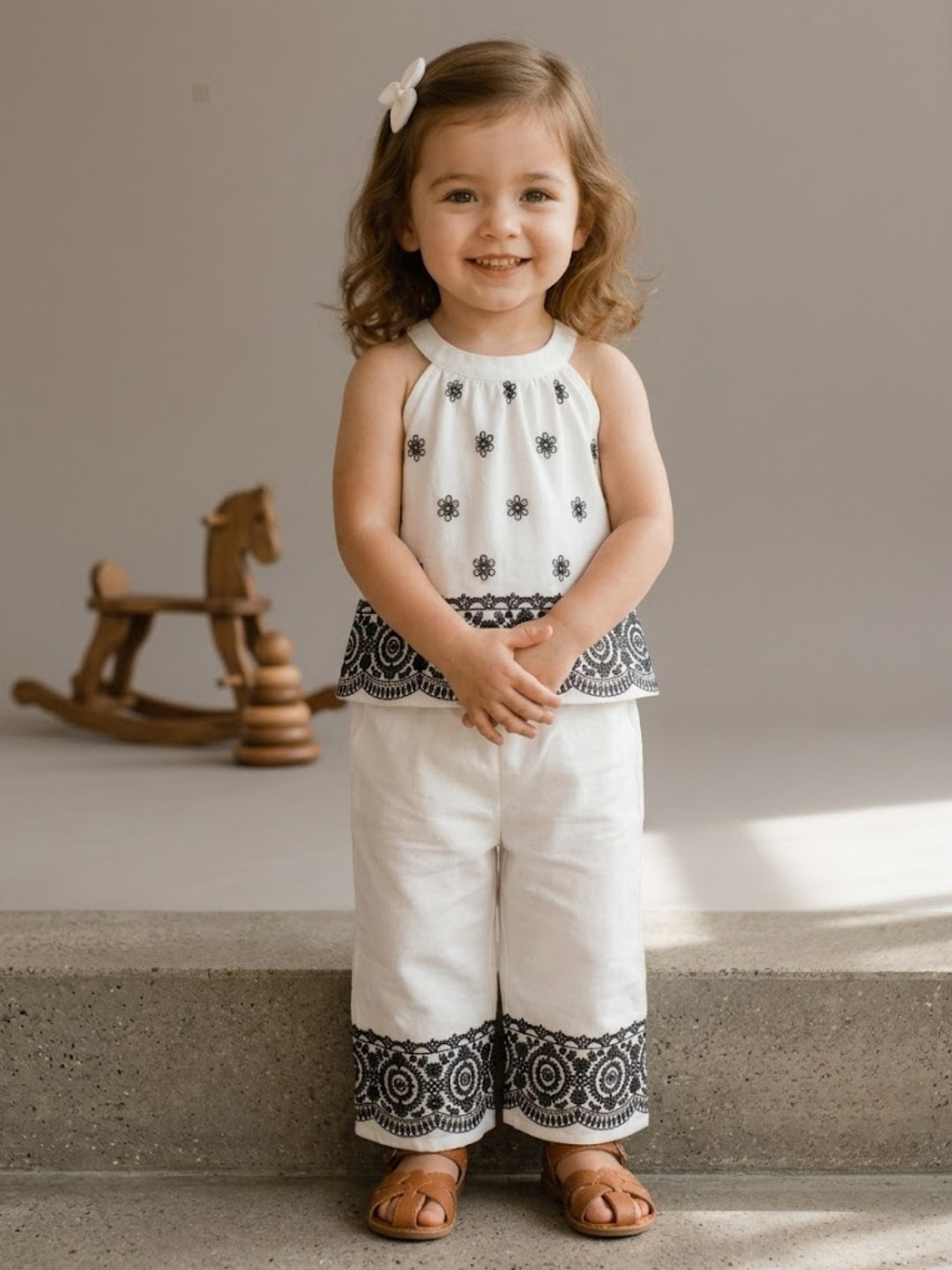 Girls White & Black Embroidered Co-Ord Set | Sleeveless Cotton Top with Wide Leg Palazzo Pants for Kids (1–8 Years)