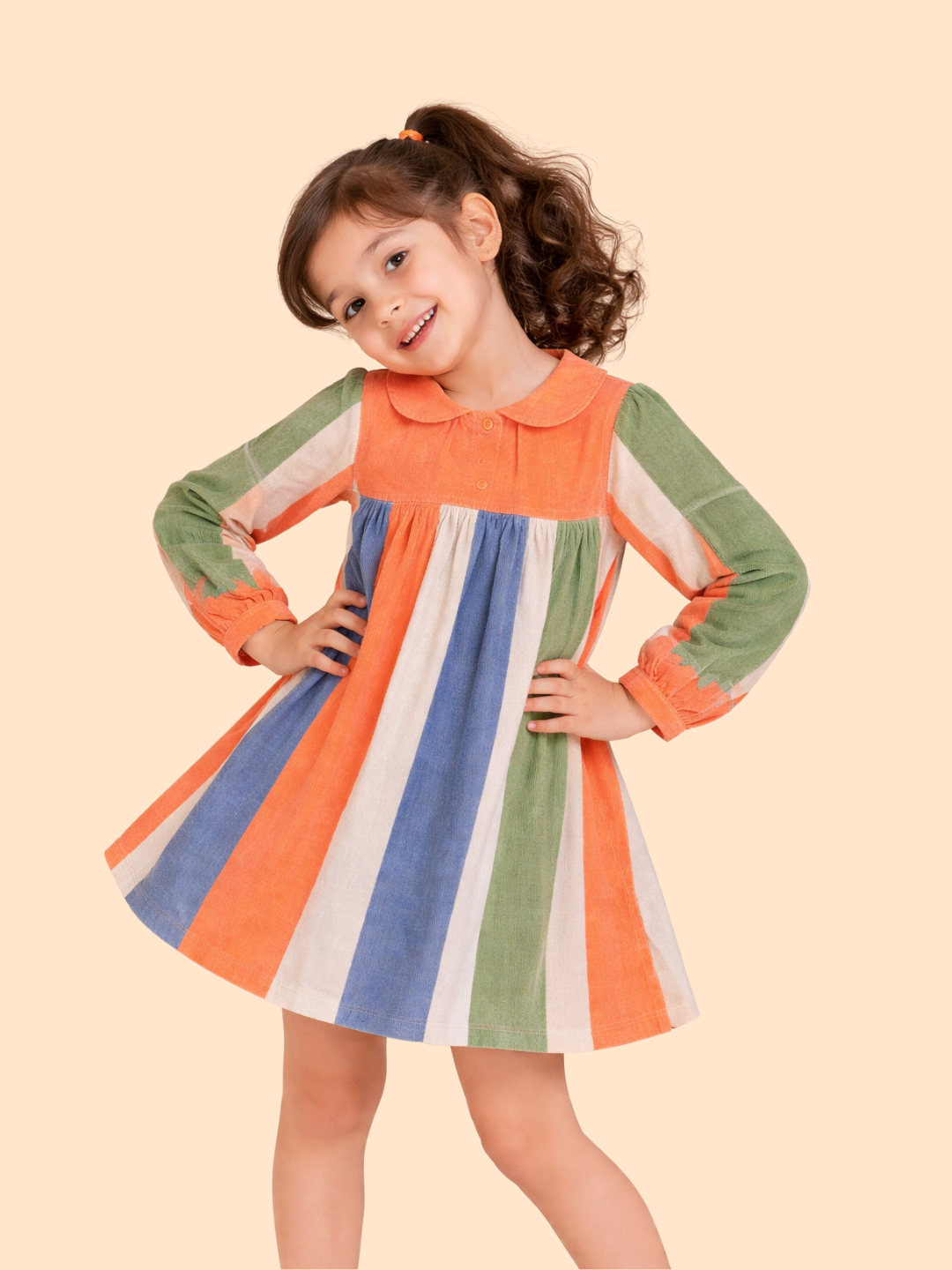 Girls Multicolor Striped Dress | Long Sleeve Cotton Casual Party Dress (2-6 Years)