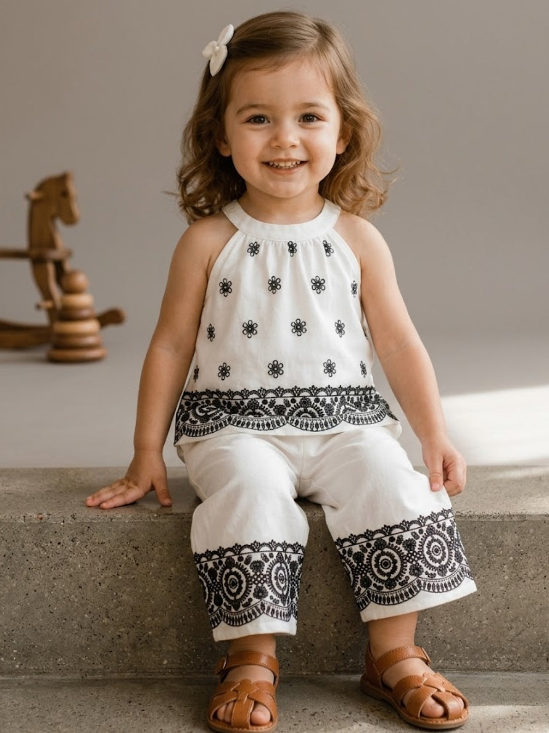 Girls White & Black Embroidered Co-Ord Set | Sleeveless Cotton Top with Wide Leg Palazzo Pants for Kids (1–8 Years)