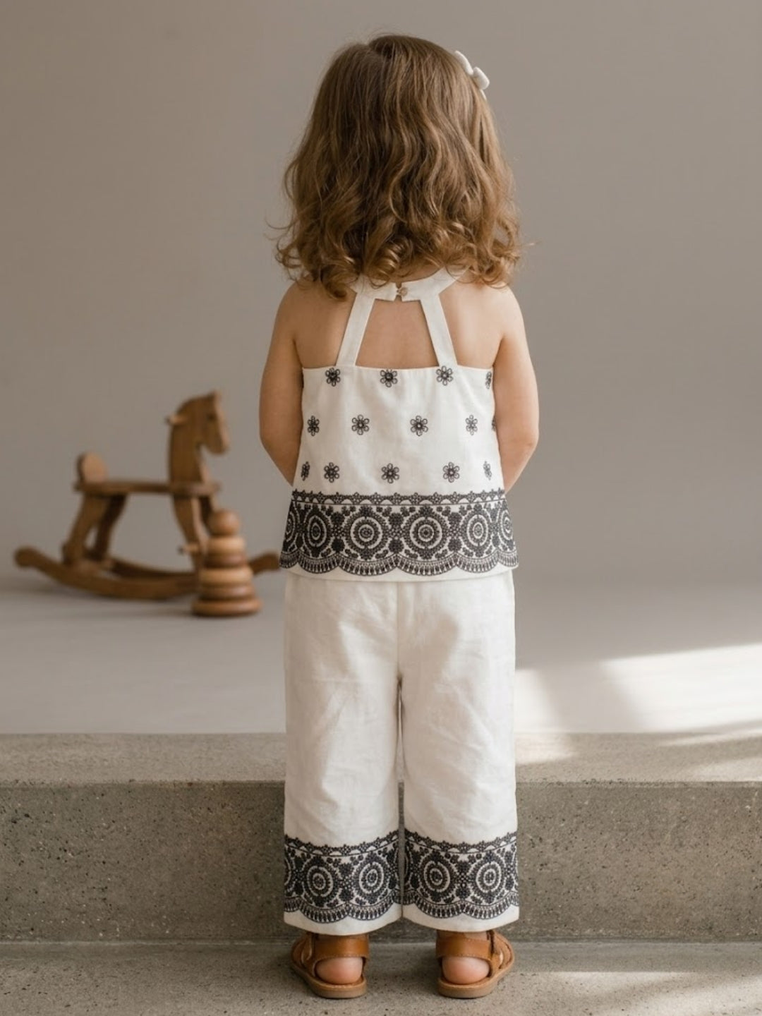 Girls White & Black Embroidered Co-Ord Set | Sleeveless Cotton Top with Wide Leg Palazzo Pants for Kids (1–8 Years)