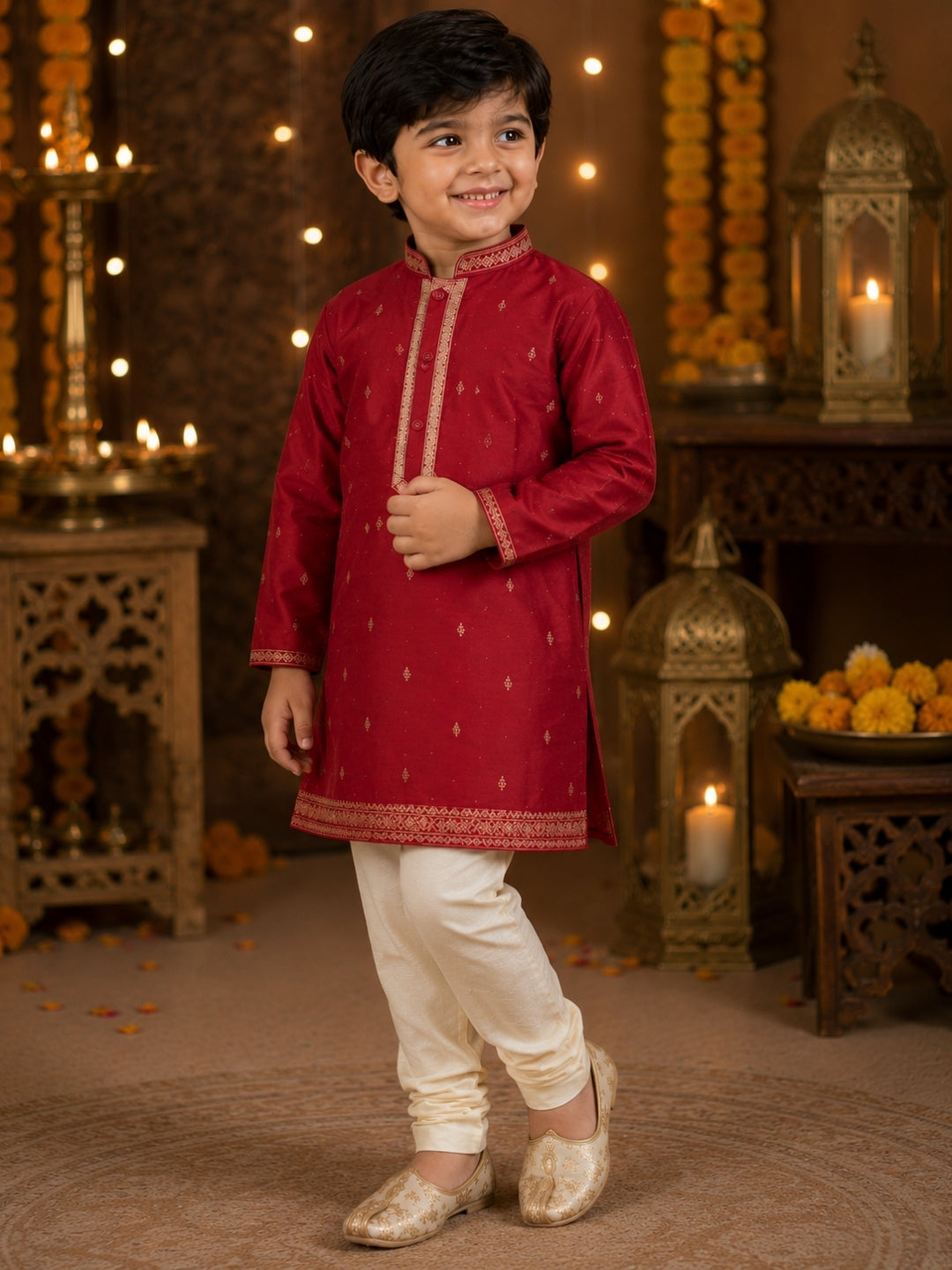 Boys Maroon Embroidered Kurta Pajama Set | Premium Festive Ethnic Wear for Kids | Wedding, Diwali & Party Outfit (1–8 Years)