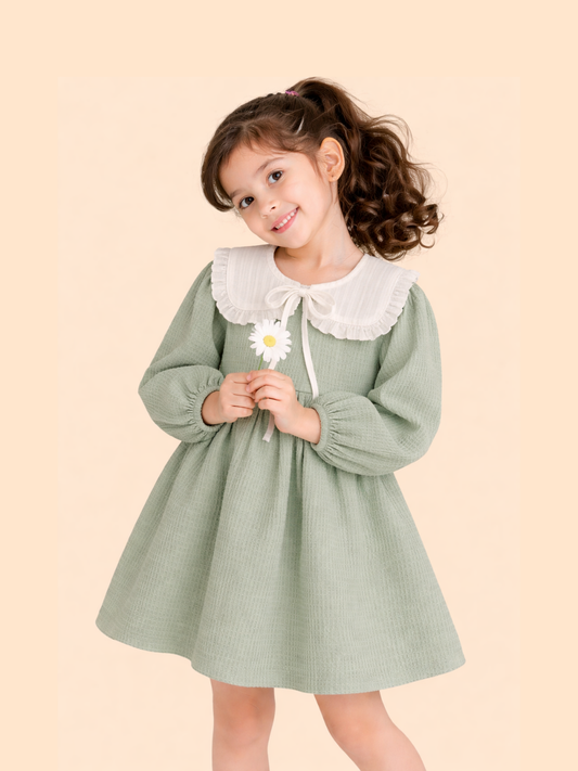 Girls Pastel Green Cotton Dress | Peter Pan Collar Casual Party Dress (2-6 Years)