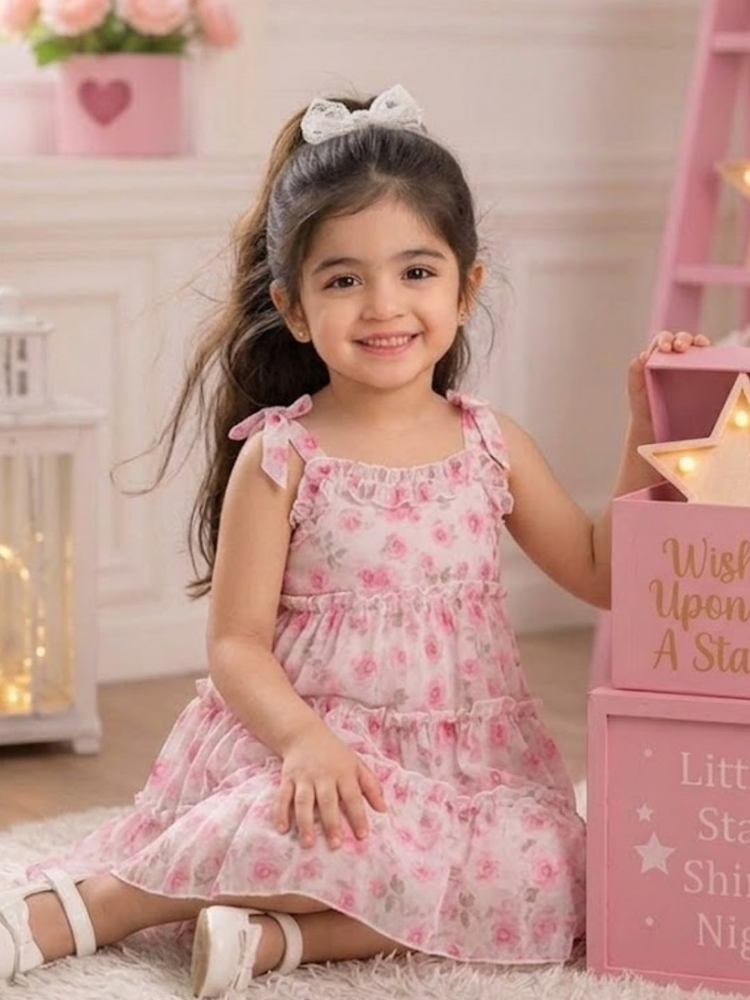 Girls Pink Floral Tiered Dress | Sleeveless Ruffle Cotton Summer Dress for Kids (1–8 Years)