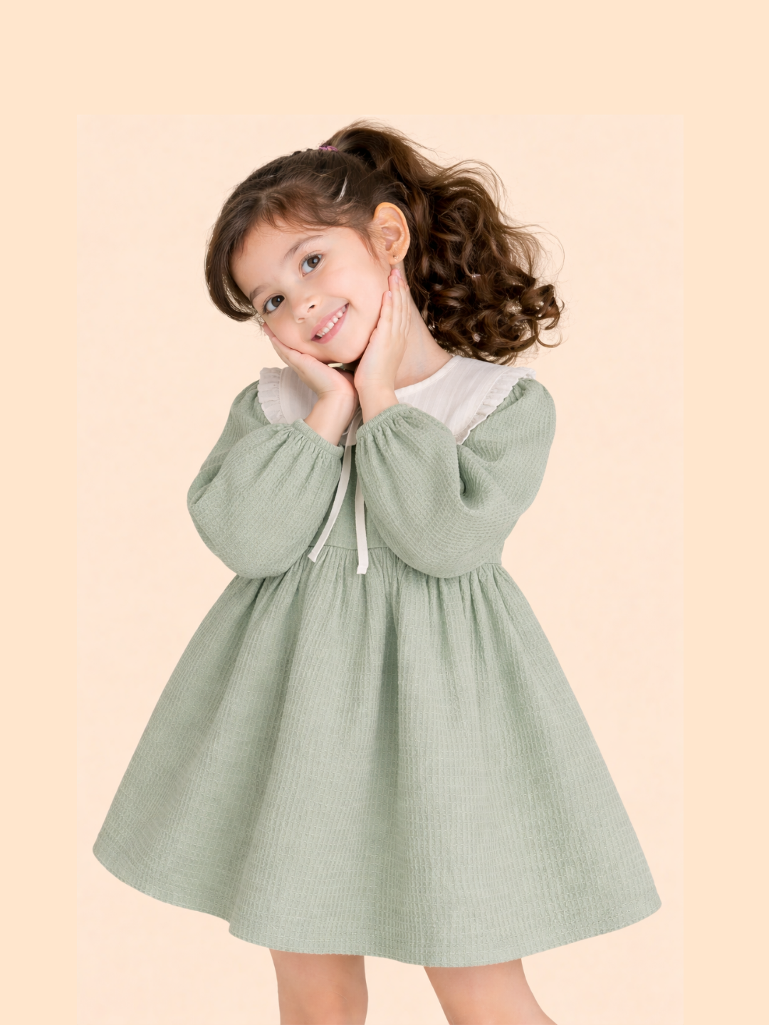 Girls Pastel Green Cotton Dress | Peter Pan Collar Casual Party Dress (2-6 Years)
