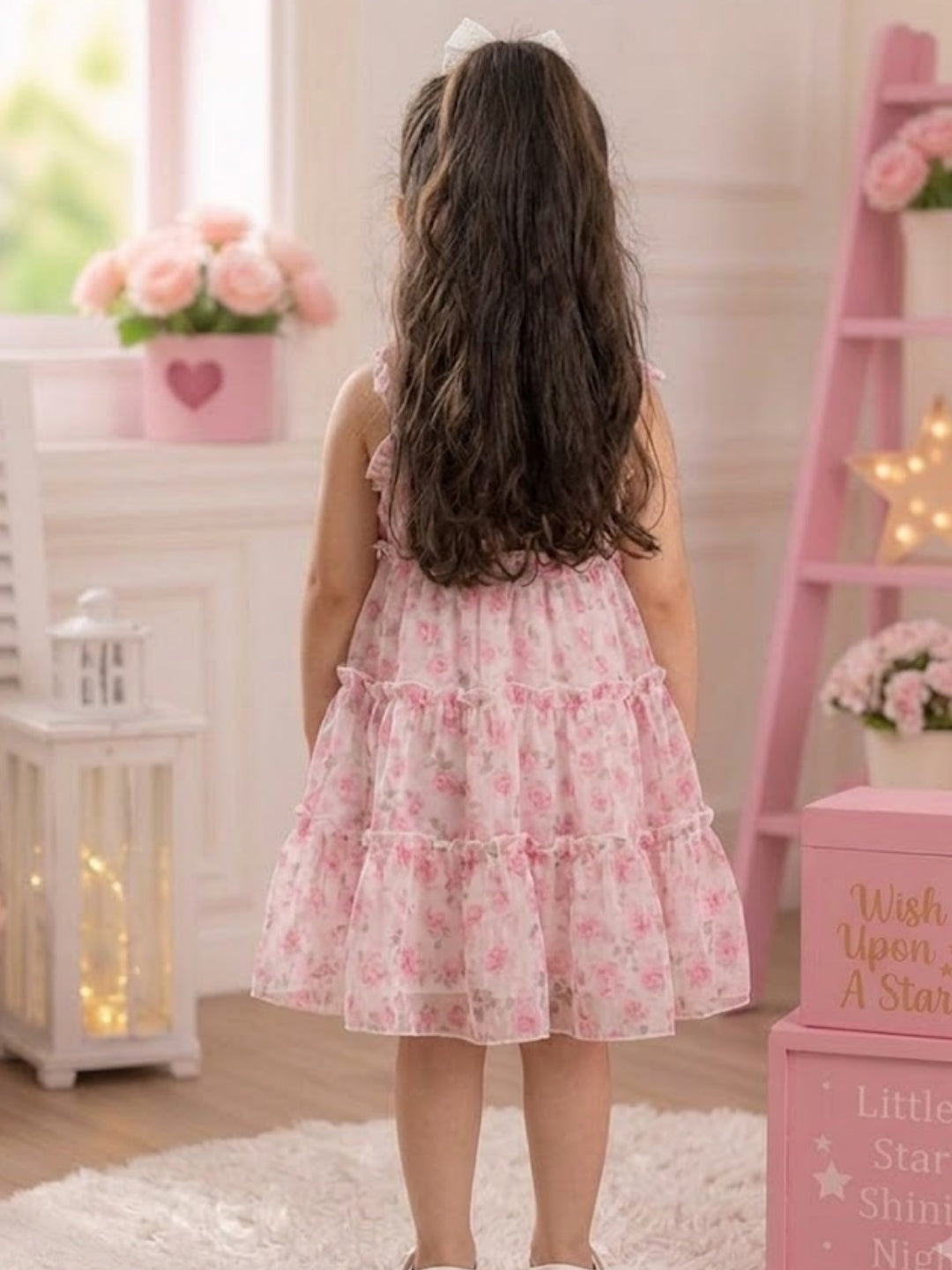 Girls Pink Floral Tiered Dress | Sleeveless Ruffle Cotton Summer Dress for Kids (1–8 Years)