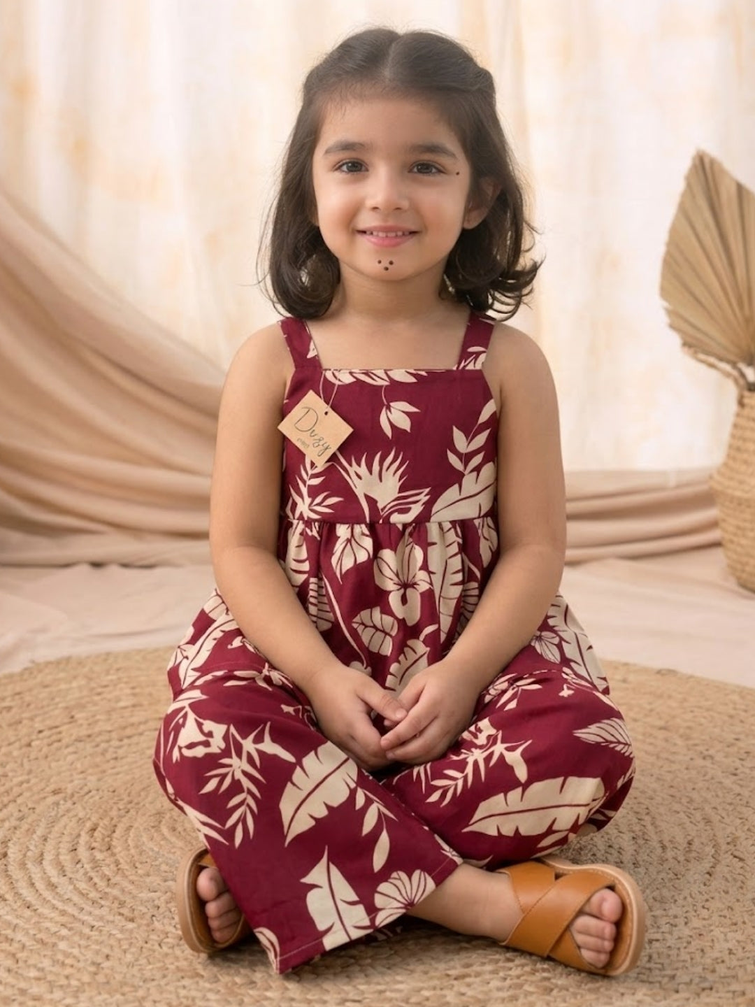 Girls Maroon Tropical Print Co-Ord Set | Sleeveless Cotton Top & Straight Pants Set for Kids (1–8 Years)