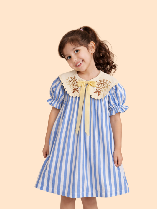 Girls Blue Striped Dress with Embroidered Collar | Elegant Cotton Party Dress (2-6 Years)