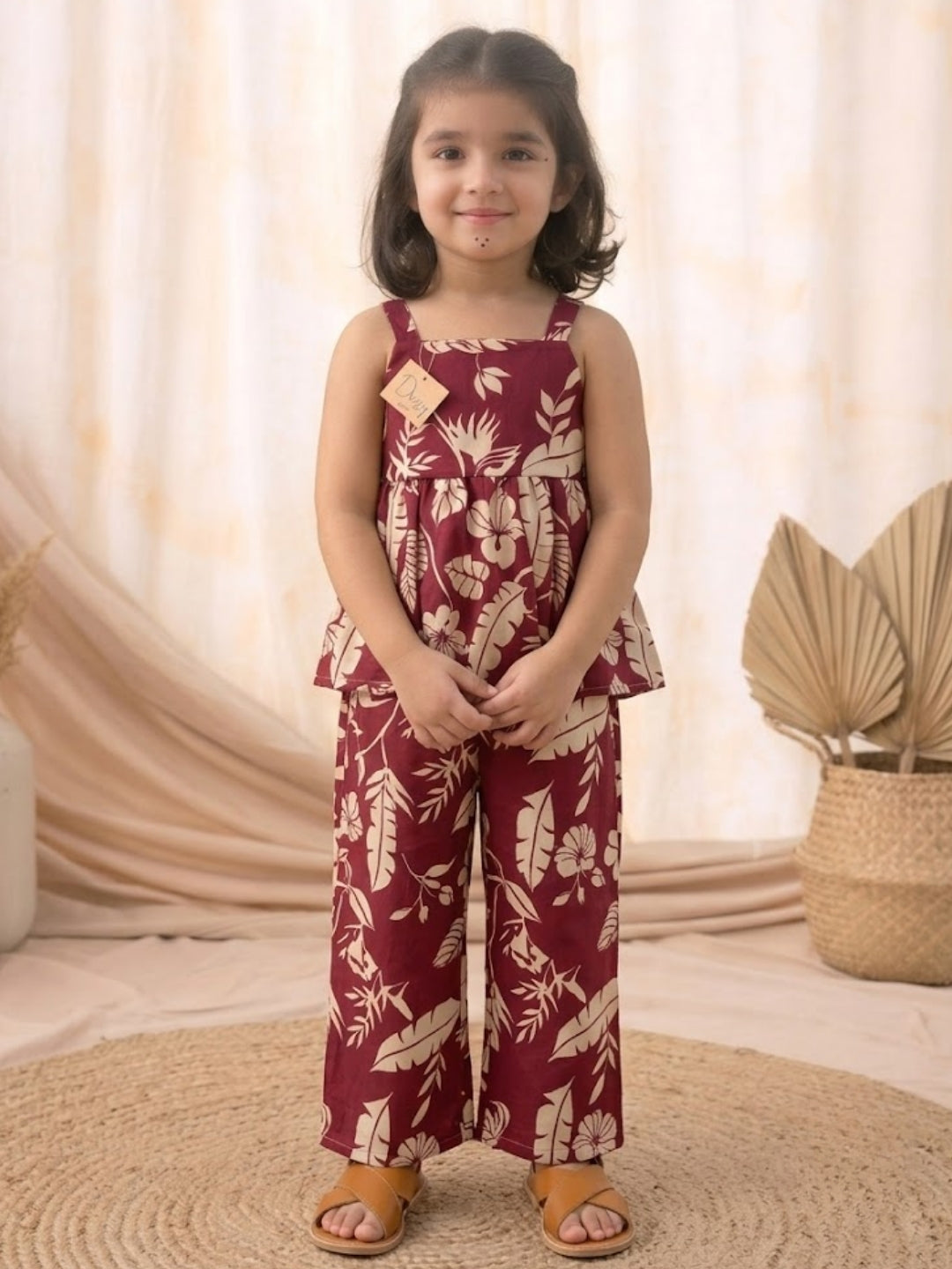Girls Maroon Tropical Print Co-Ord Set | Sleeveless Cotton Top & Straight Pants Set for Kids (1–8 Years)