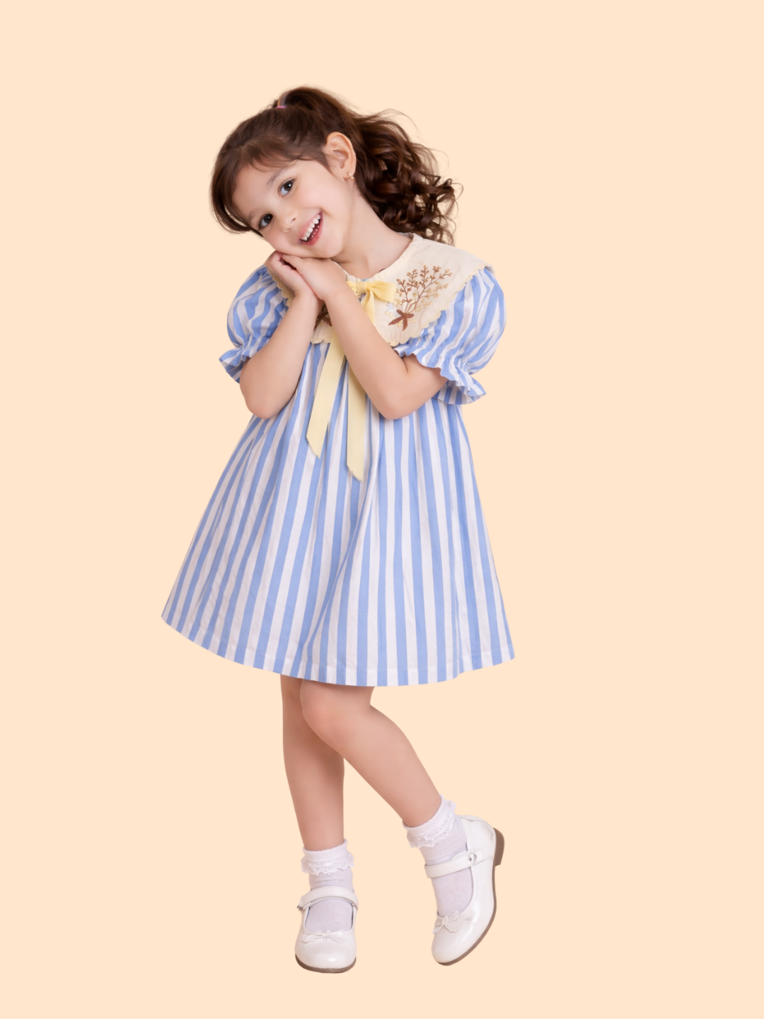 Girls Blue Striped Dress with Embroidered Collar | Elegant Cotton Party Dress (2-6 Years)