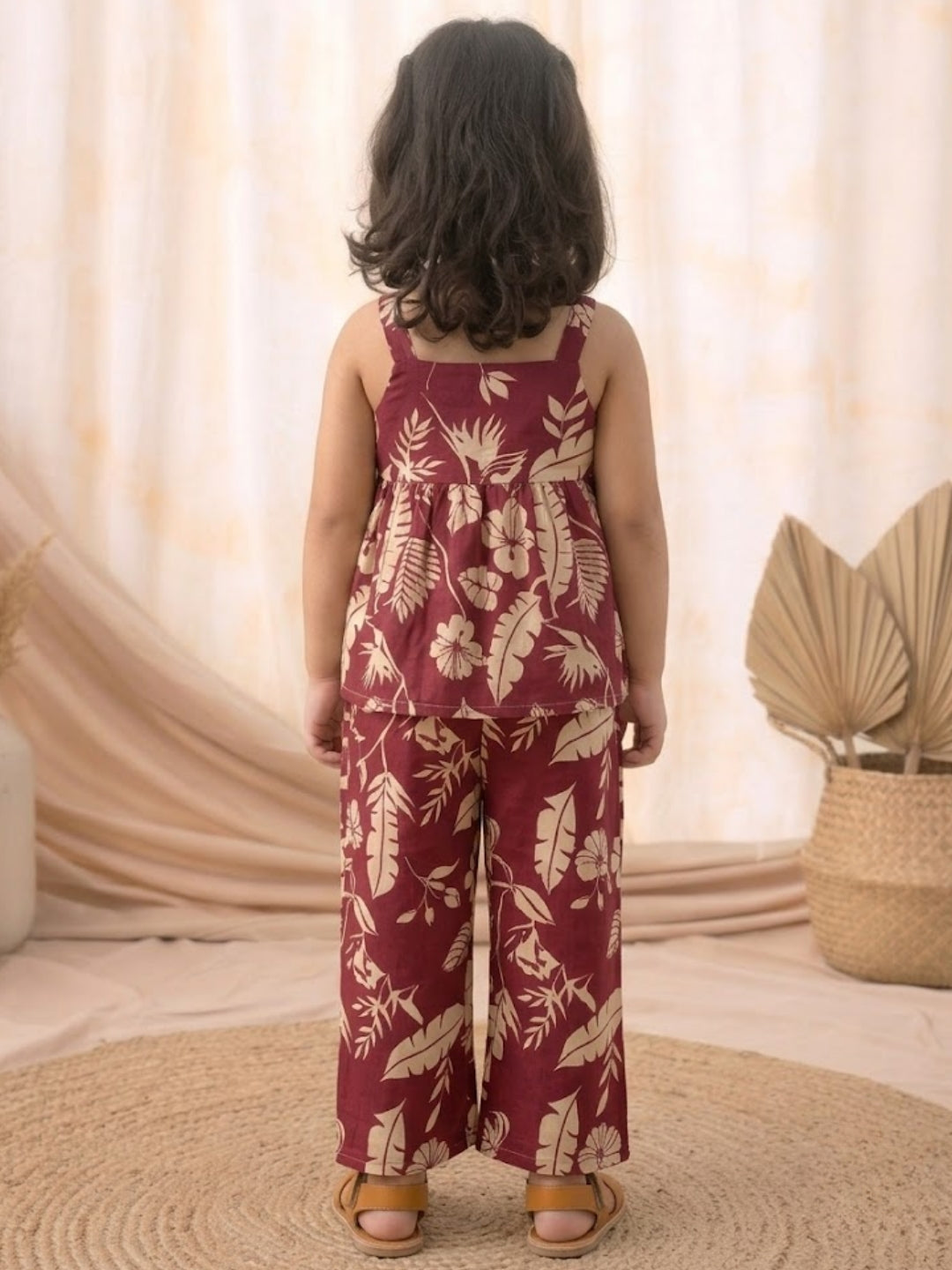 Girls Maroon Tropical Print Co-Ord Set | Sleeveless Cotton Top & Straight Pants Set for Kids (1–8 Years)