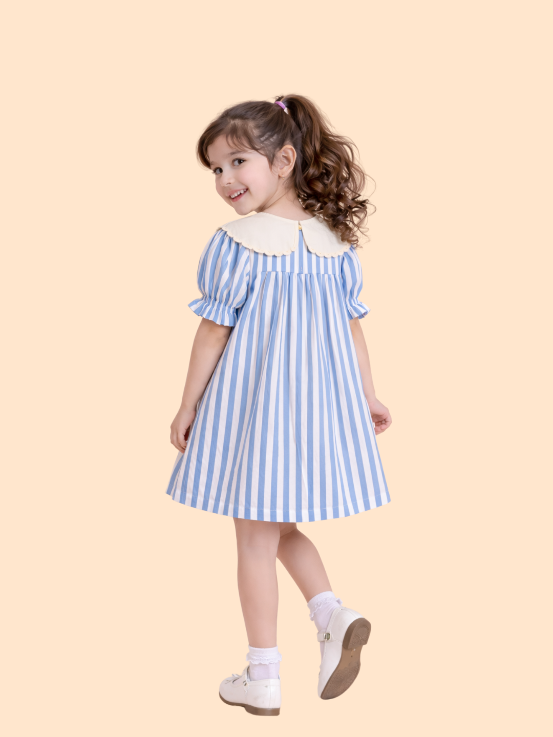 Girls Blue Striped Dress with Embroidered Collar | Elegant Cotton Party Dress (2-6 Years)